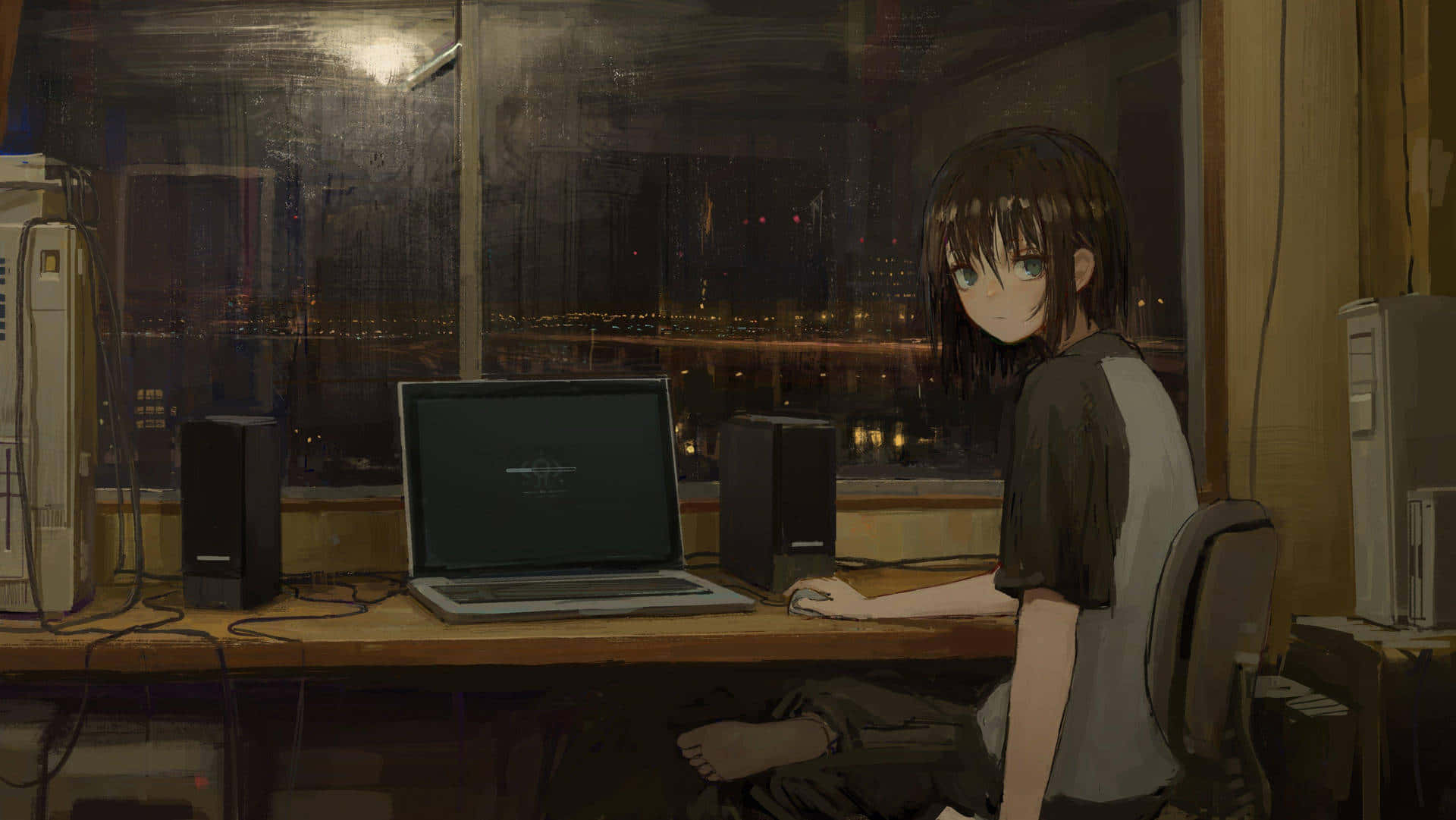 Nighttime Anime Laptop Scene Wallpaper