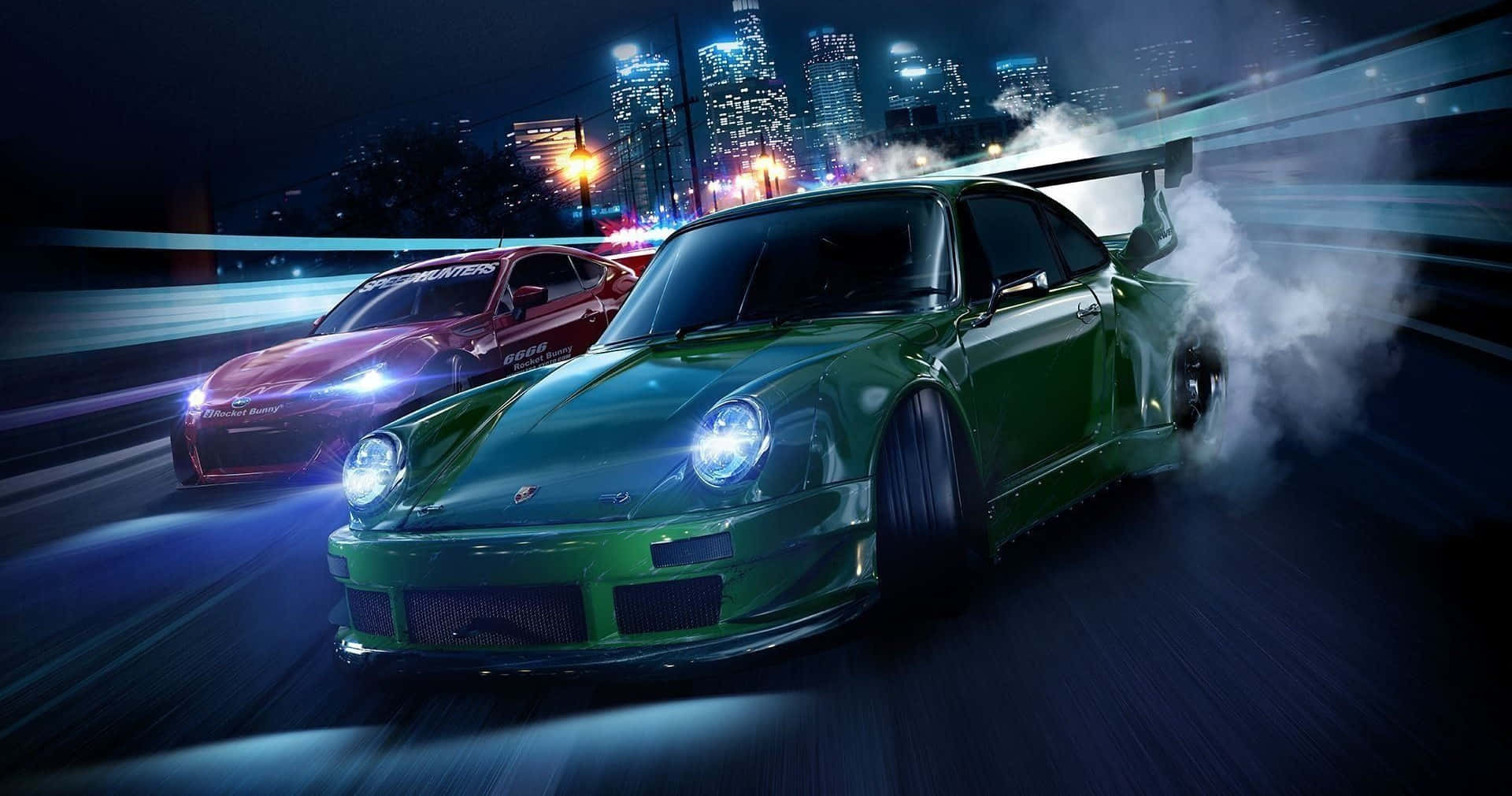 Nighttime City Race Cars Speeding Wallpaper