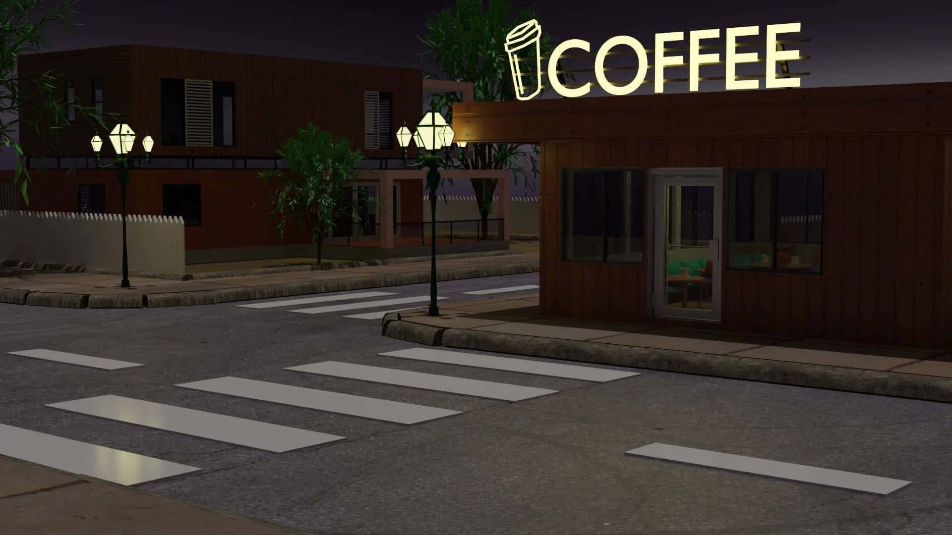 Nighttime Coffee Shop Exterior Wallpaper