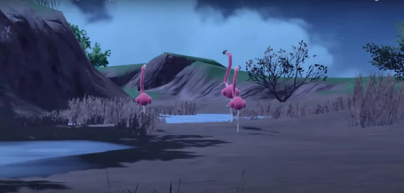 Nighttime Flamingosin Virtual Wetlands Wallpaper