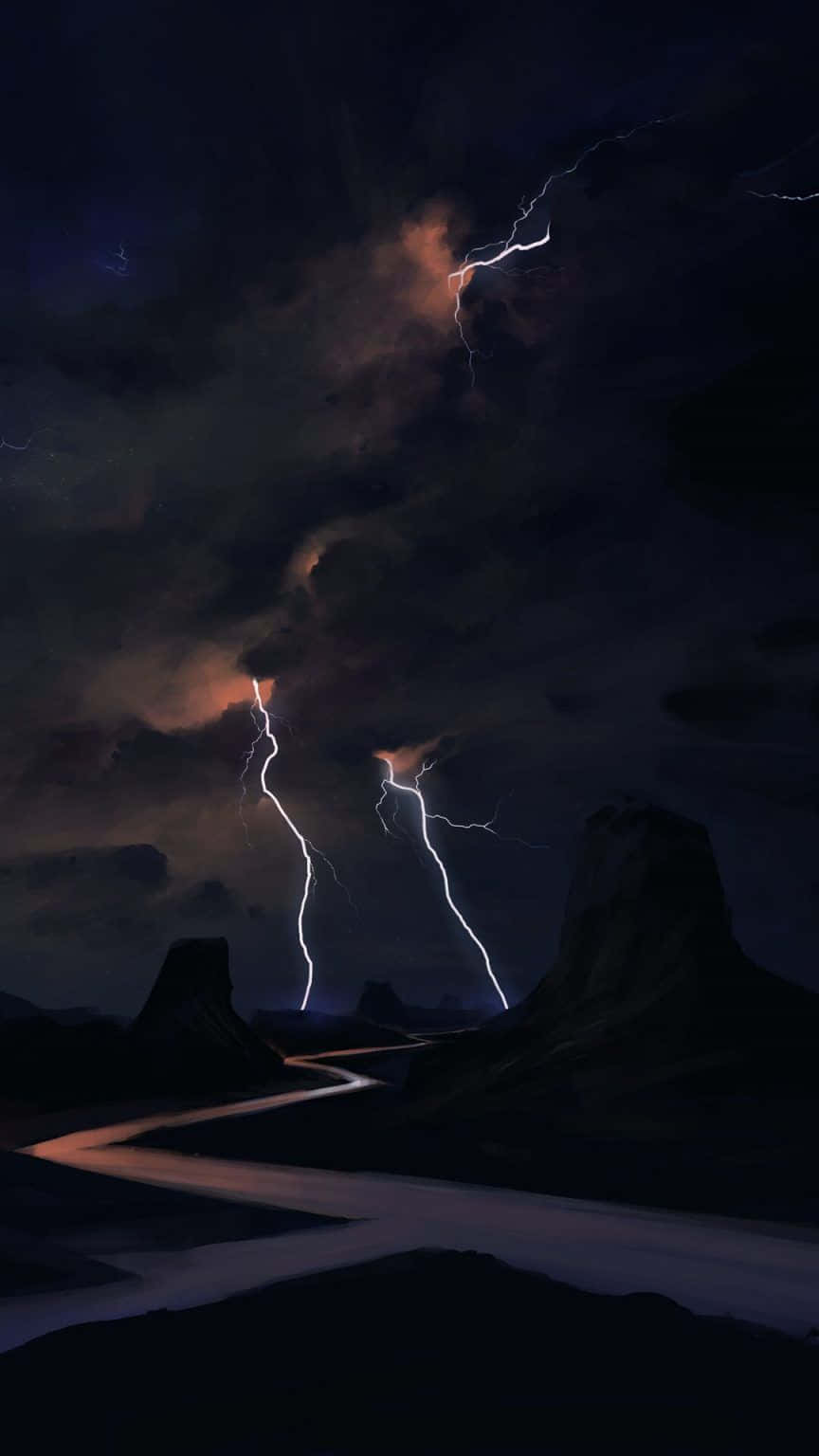 Nighttime Lightning Strike Desert Road Wallpaper