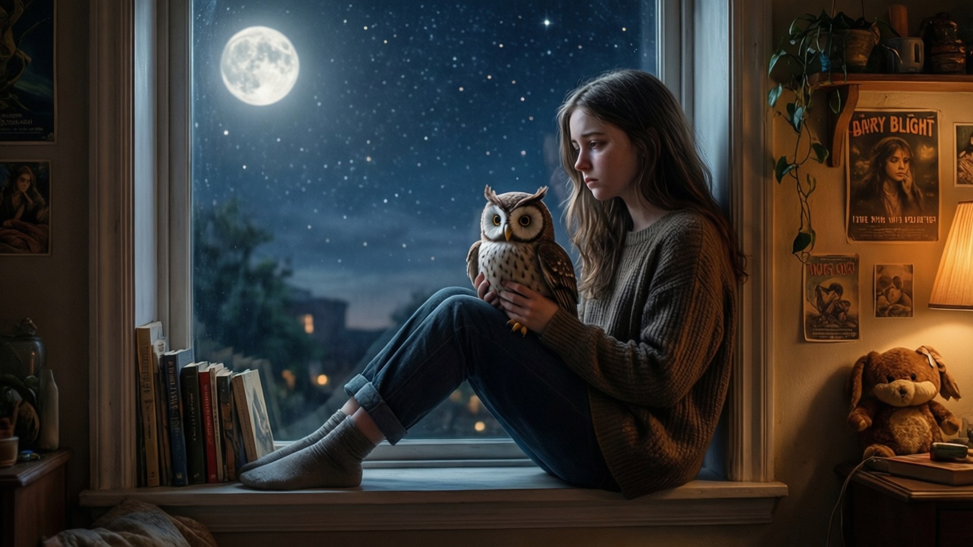 Amity in her room at night with an owl plush, starry sky outside.