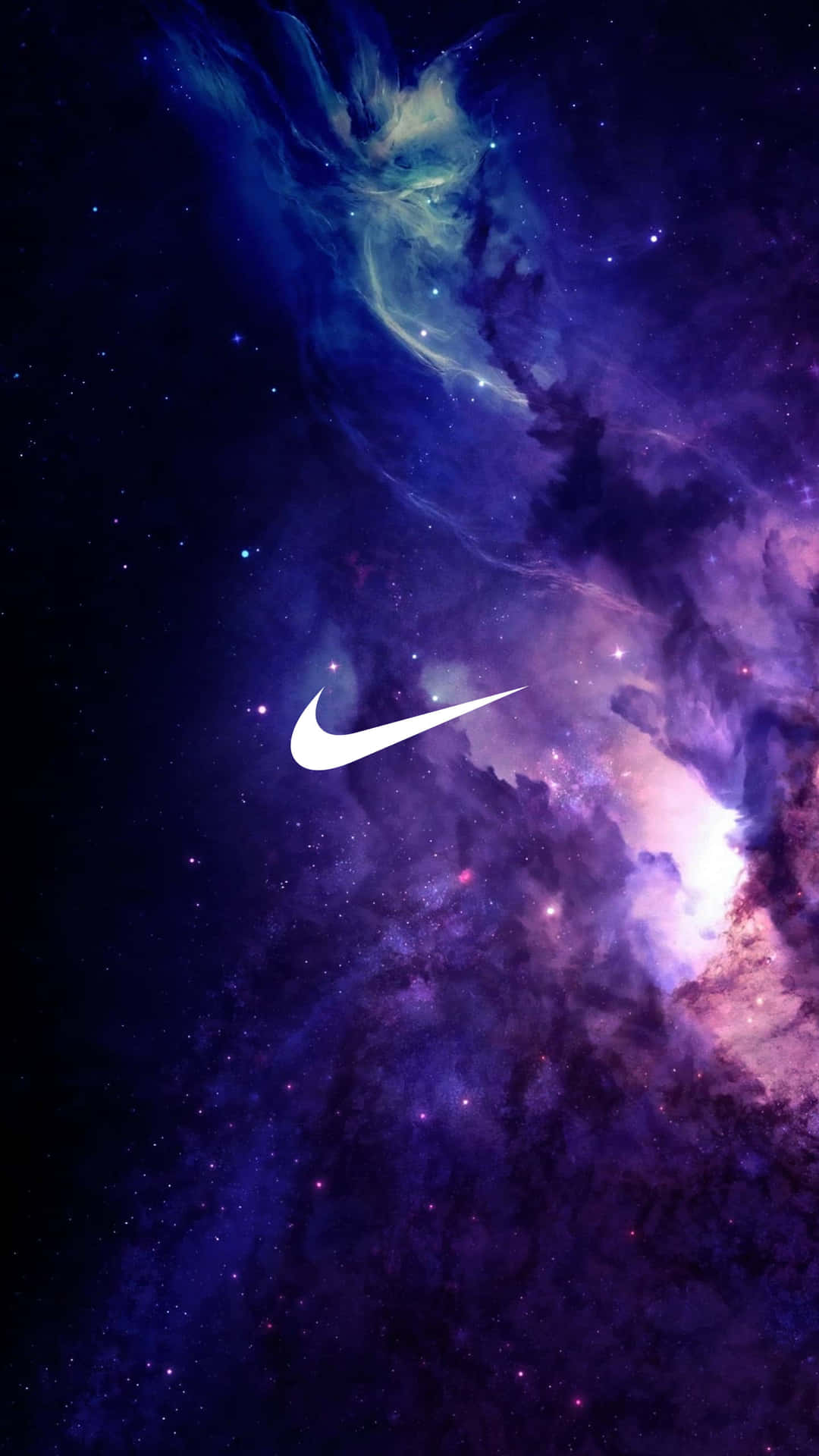 Et Nike logo i rummet med lilla og blå stjerner Wallpaper