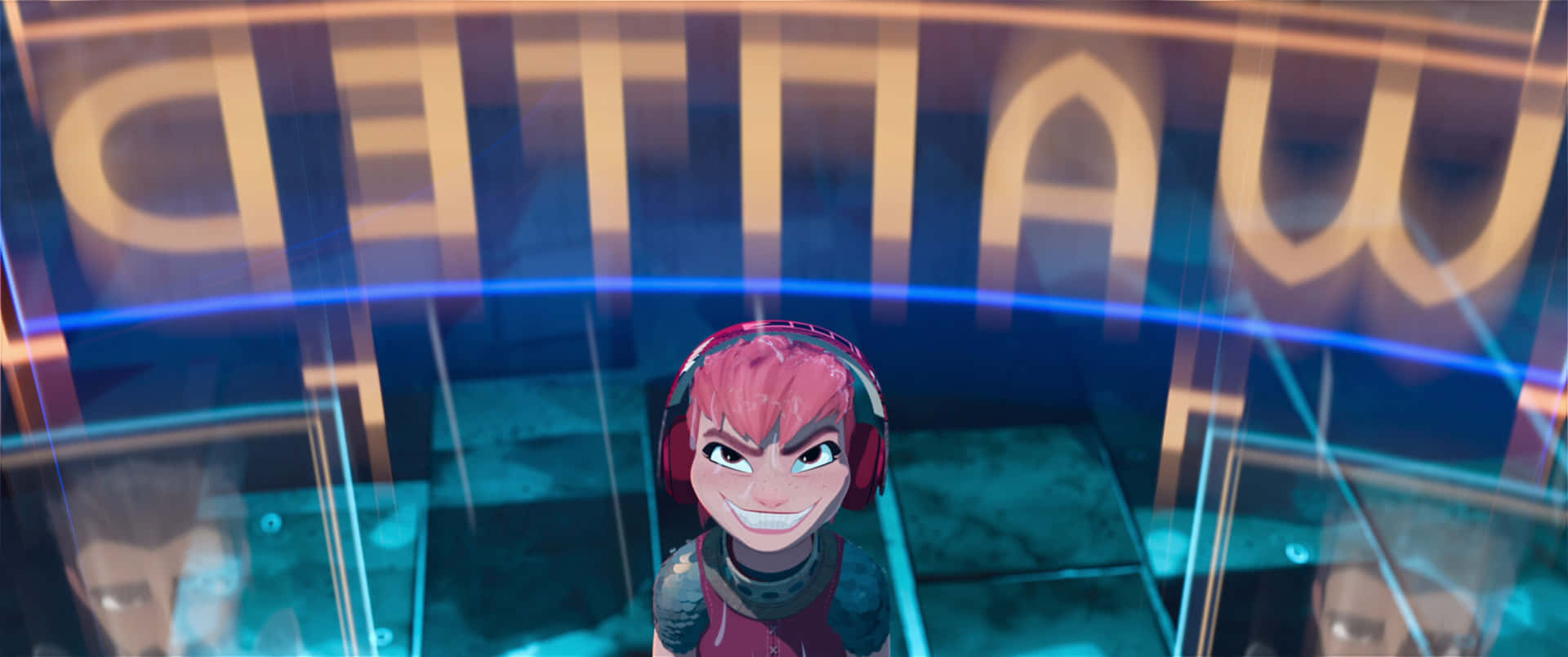 Nimona Smiling Behind Glass Barrier Wallpaper