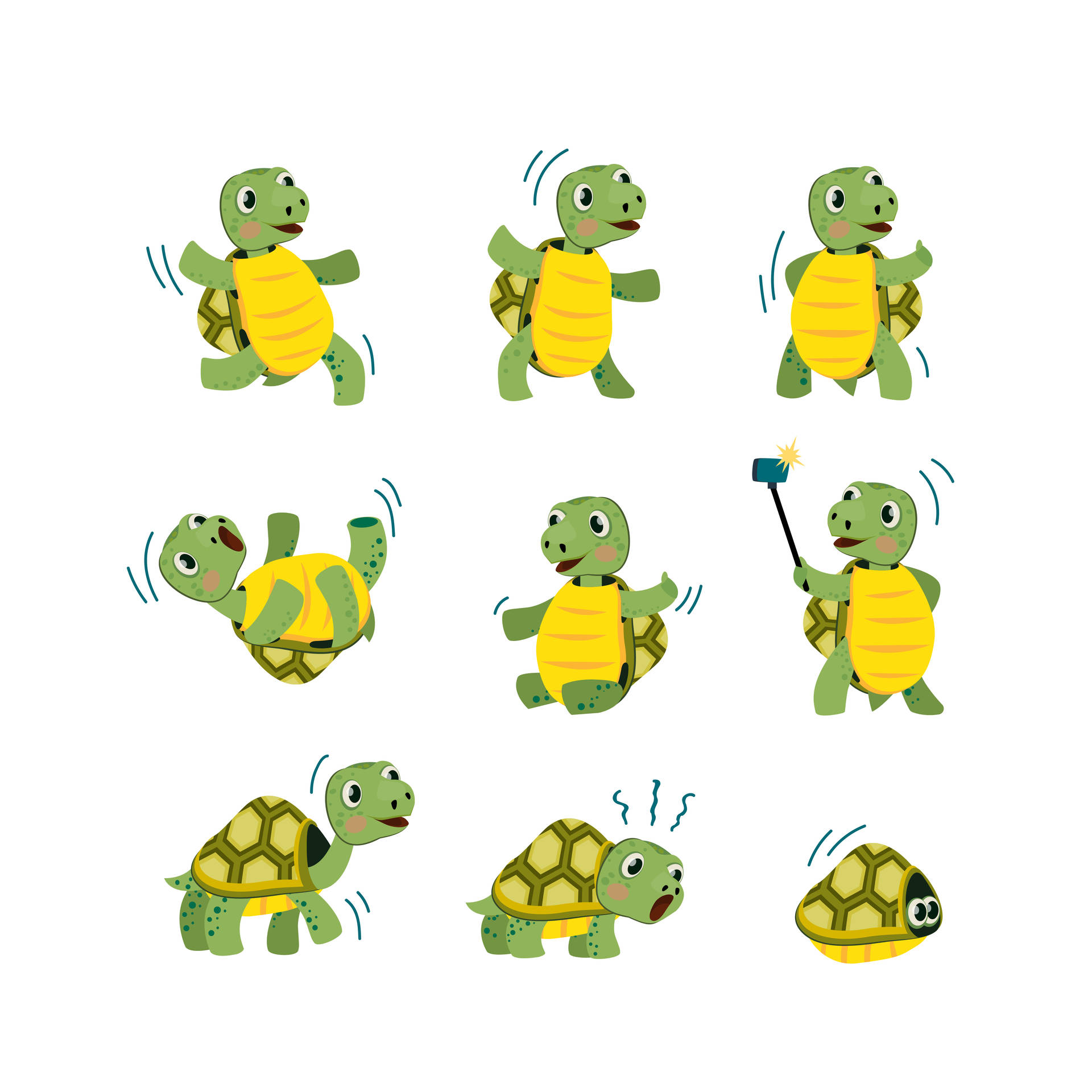 Nine Yellow Green Cartoon Turtles Wallpaper