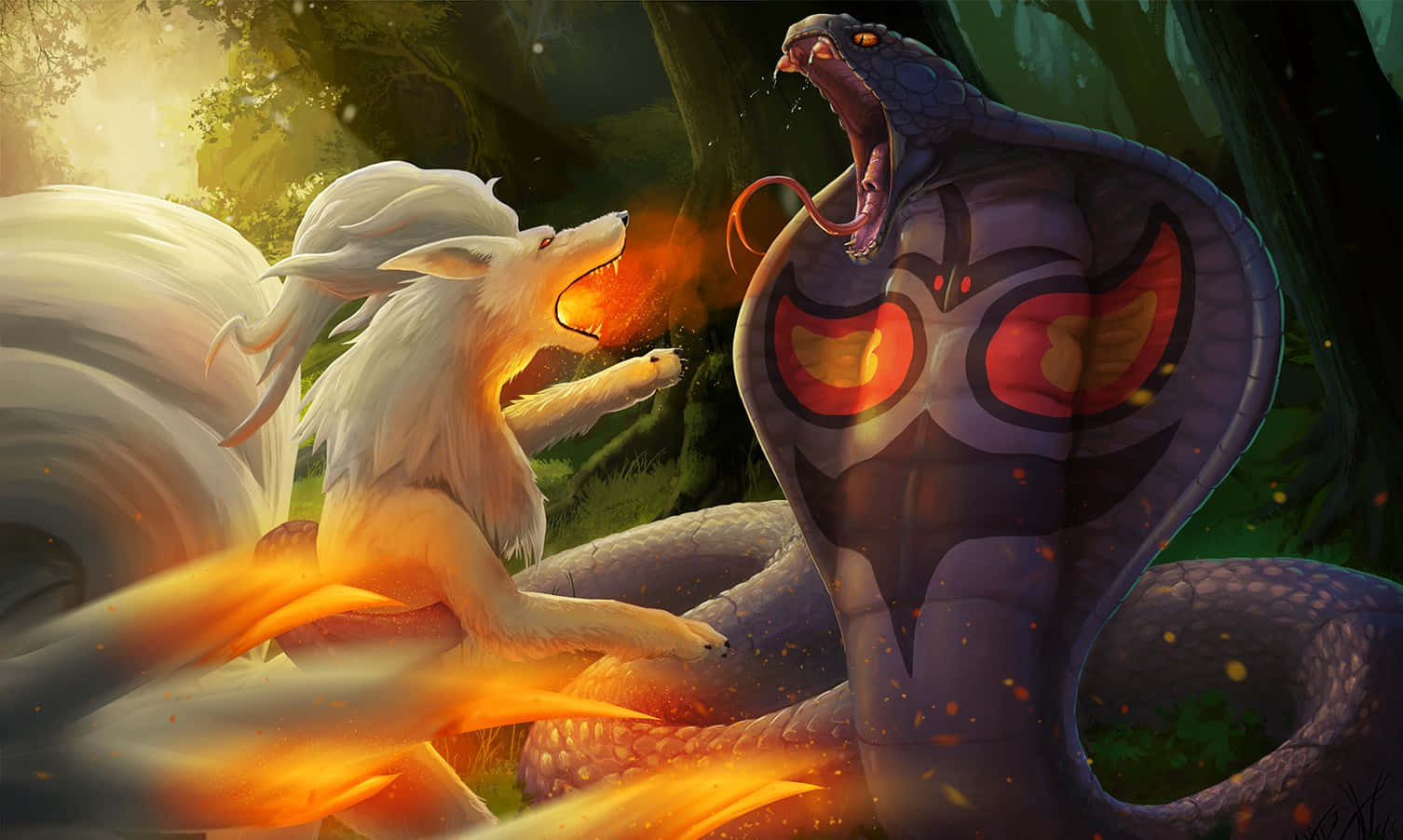 Ninetails Fighting With Arbok Wallpaper