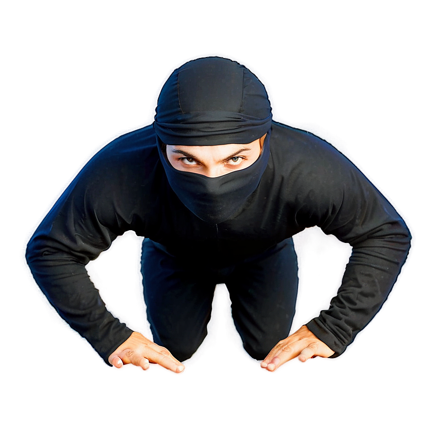 Ninja en combinaison et masque noirs accroupi avec aura bleue lumineuse sur fond gris foncé