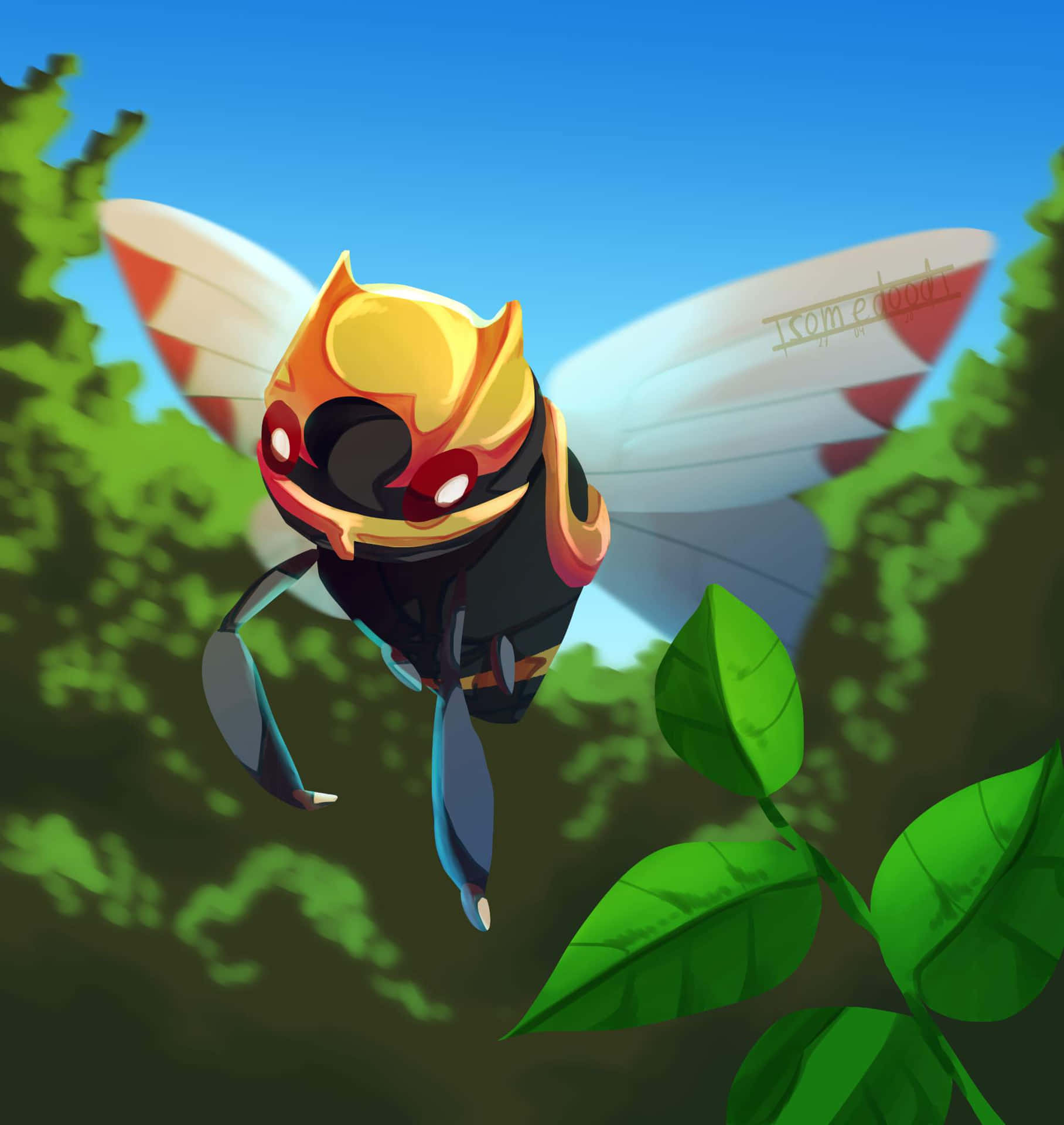 Ninjask With Green Leaves Background Wallpaper
