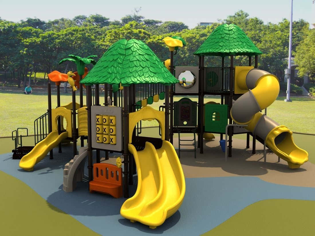 Niñosjugando En Un Colorido Parque Infantil En Un Día Soleado.