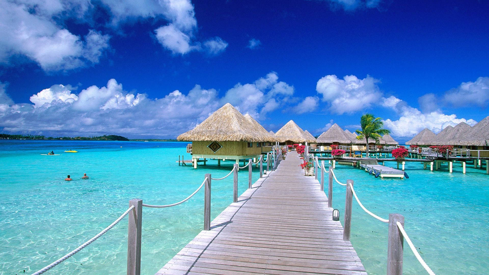 A beautiful image of wood bridge and nipa hut in Maldives desktop wallpaper. 