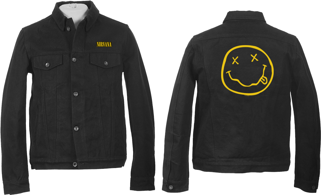 Nirvana Smiley Face Jacket PNG — Black denim jacket displayed front and back featuring yellow Nirvana logo and smiley face design against a stark black background.