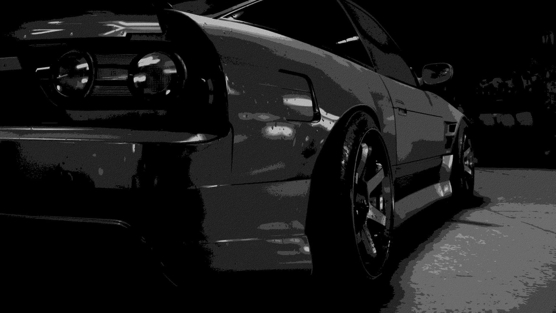 A Black And White Image Of A Car In A Garage Wallpaper
