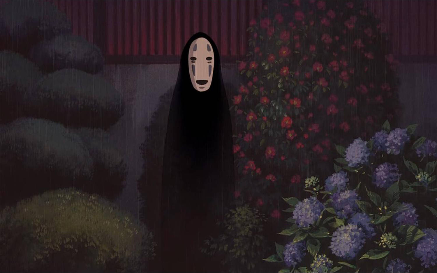 A picturesque garden with a prominent No-Face figure from the popular animated film, Spirited Away. Wallpaper