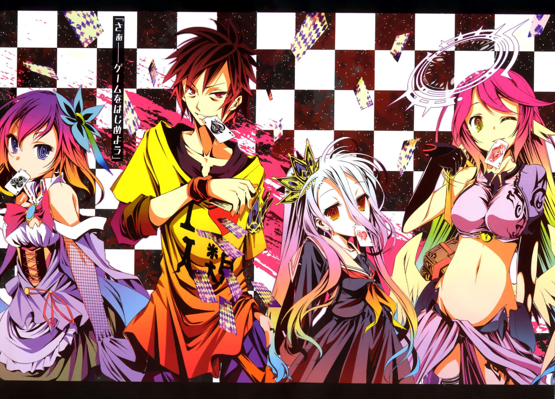 A Group Of Anime Characters Standing In Front Of A Checkered Background