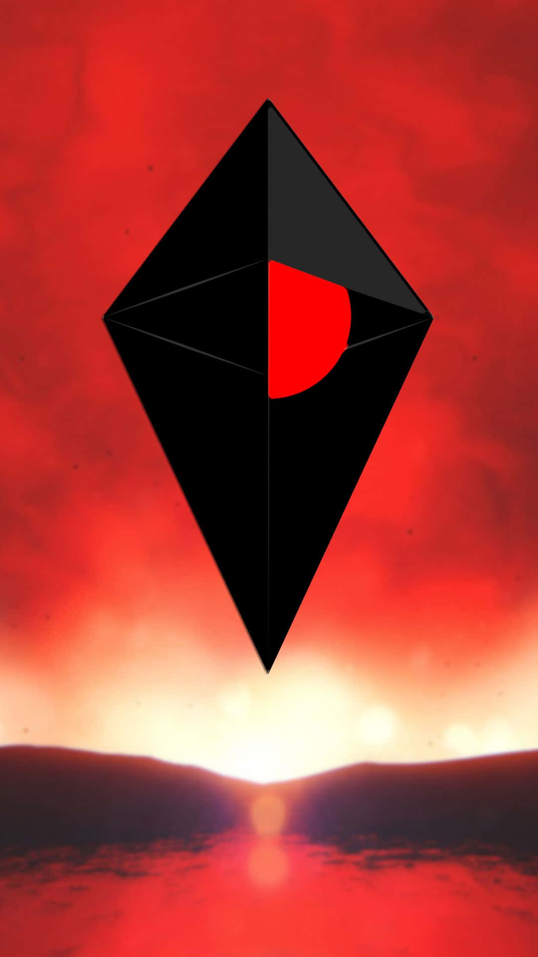 En rød og sort diamant med en sol i baggrunden. Wallpaper