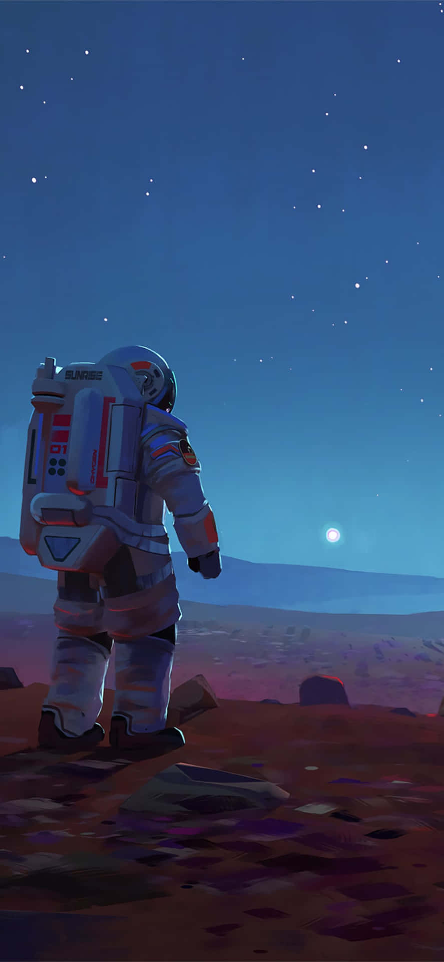 En astronaut står på den røde planet. Wallpaper