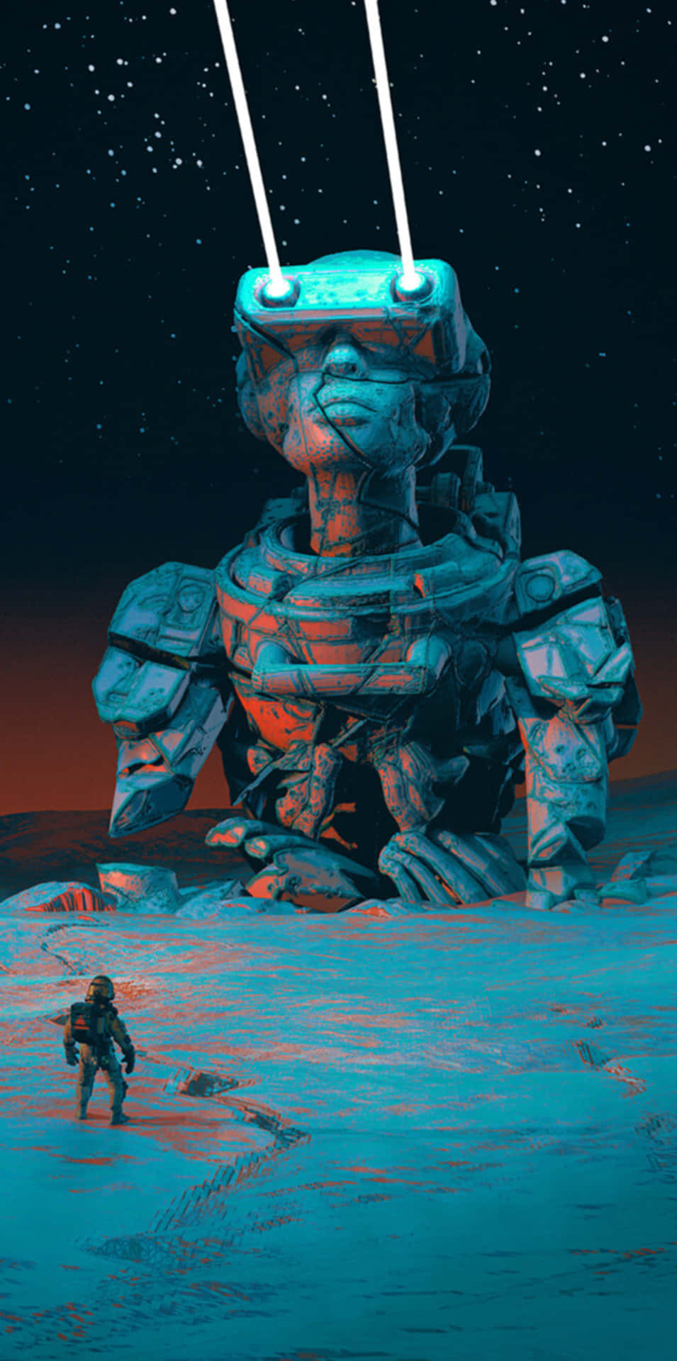 En mand står foran en robot i ørkenen Wallpaper