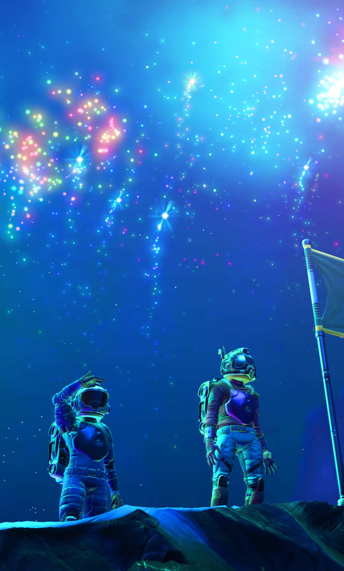 Two Astronauts Standing On A Hill With Fireworks Wallpaper