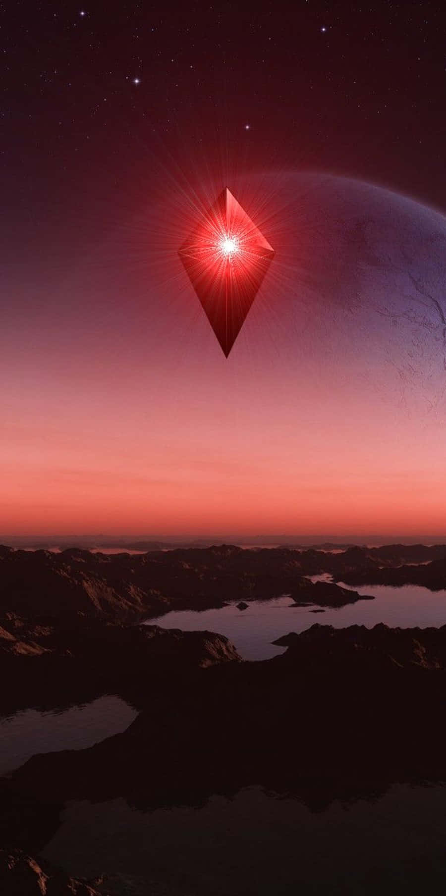 A Red Diamond Is Flying Over A Lake And Mountains Wallpaper
