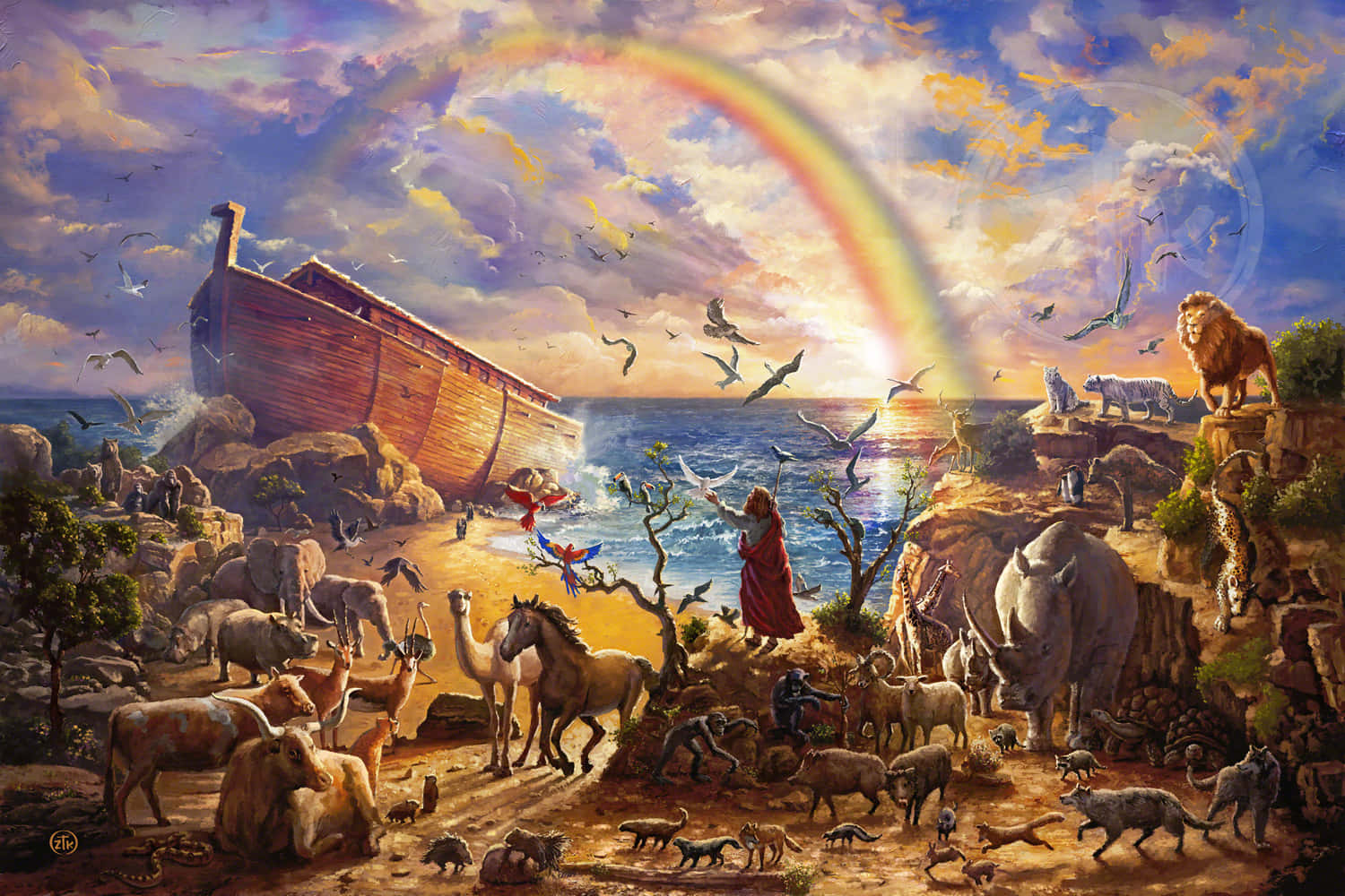 Noah's Ark With Animals And Rainbow