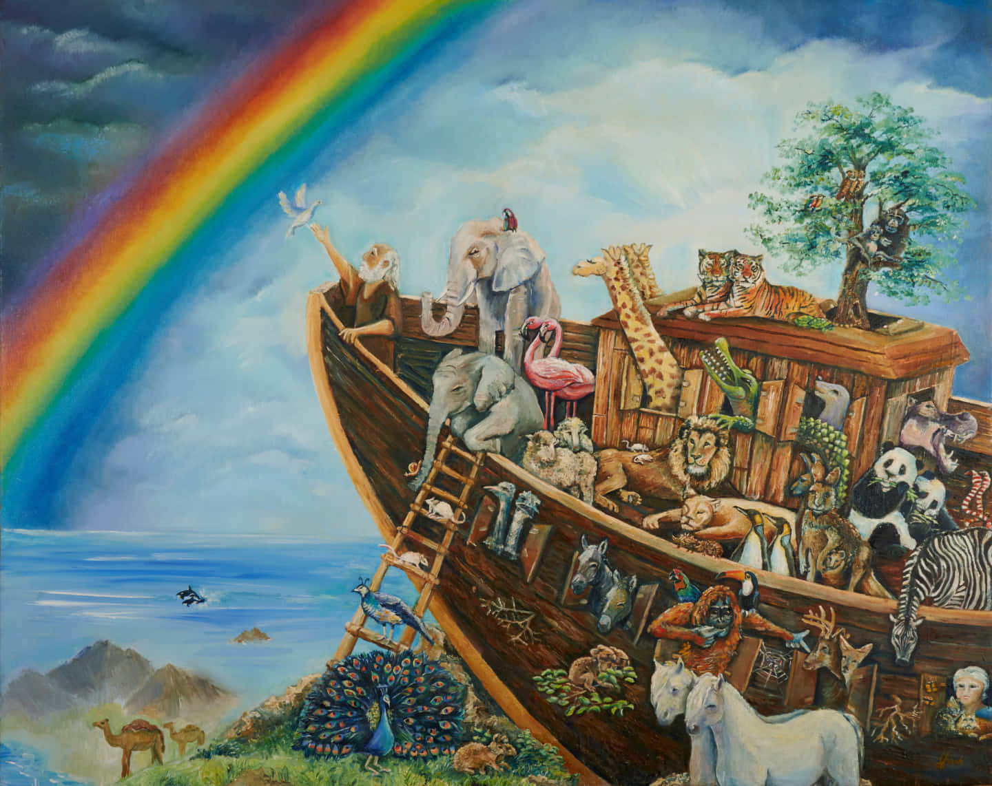 A Painting Of A Boat With Animals On It