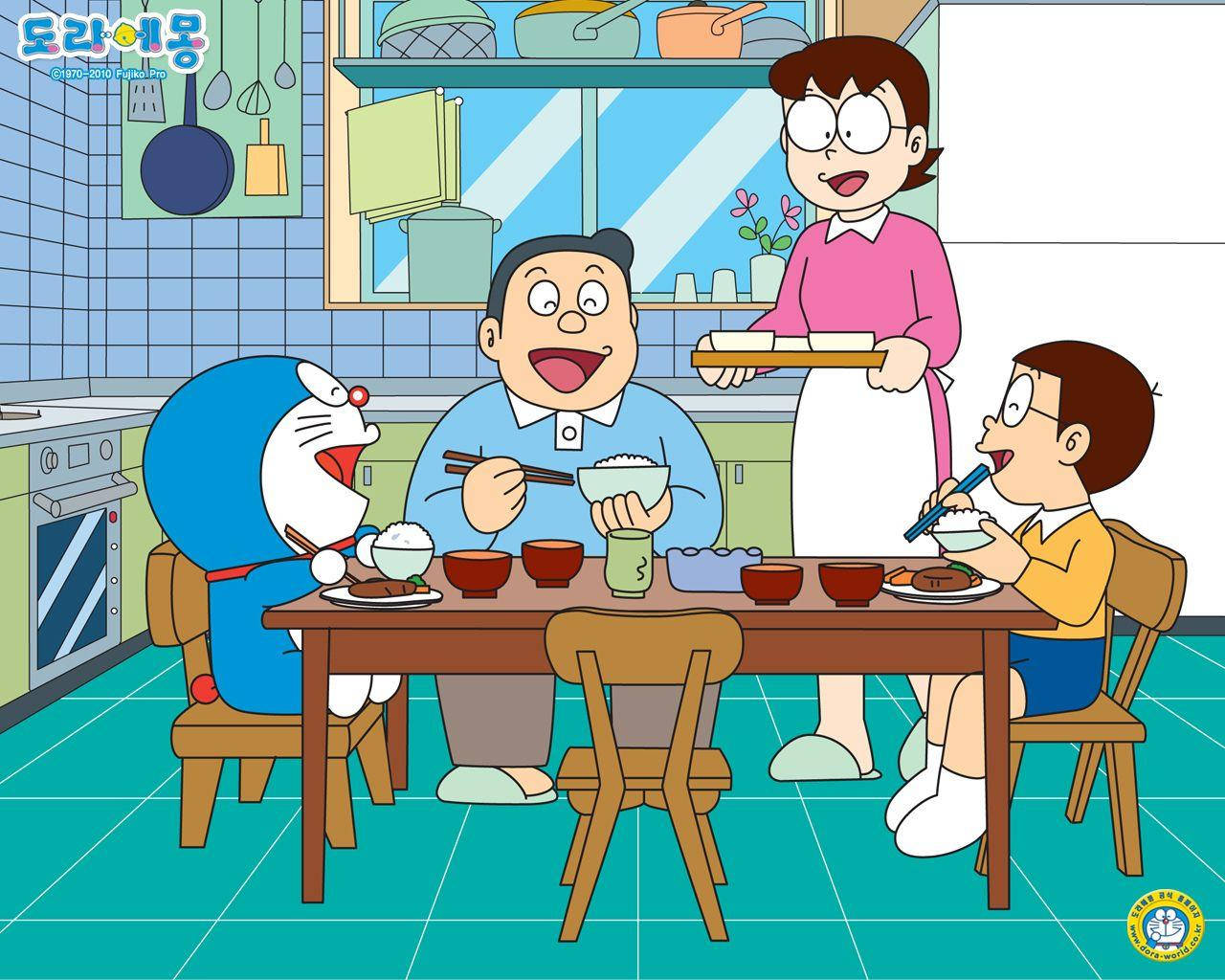 Nobita og familie under middag Wallpaper