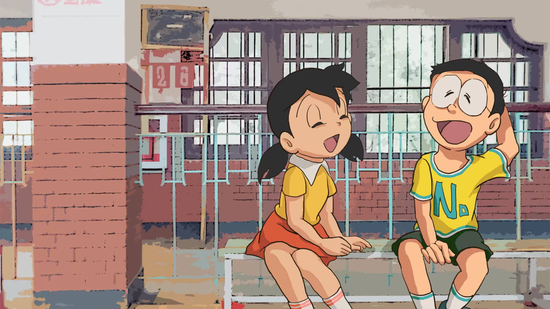 Nobita og Shizuka snakker sammen på væggen Wallpaper