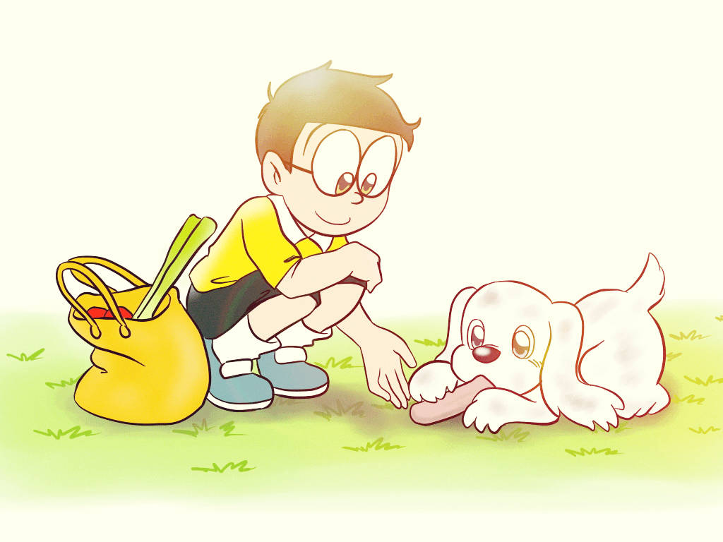 Nobita Feeding A Cute Puppy Wallpaper