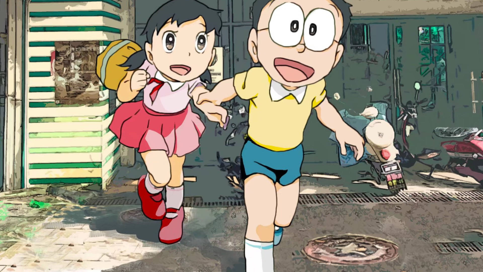 Nobita Grabbing Shizuka's Arm Wallpaper