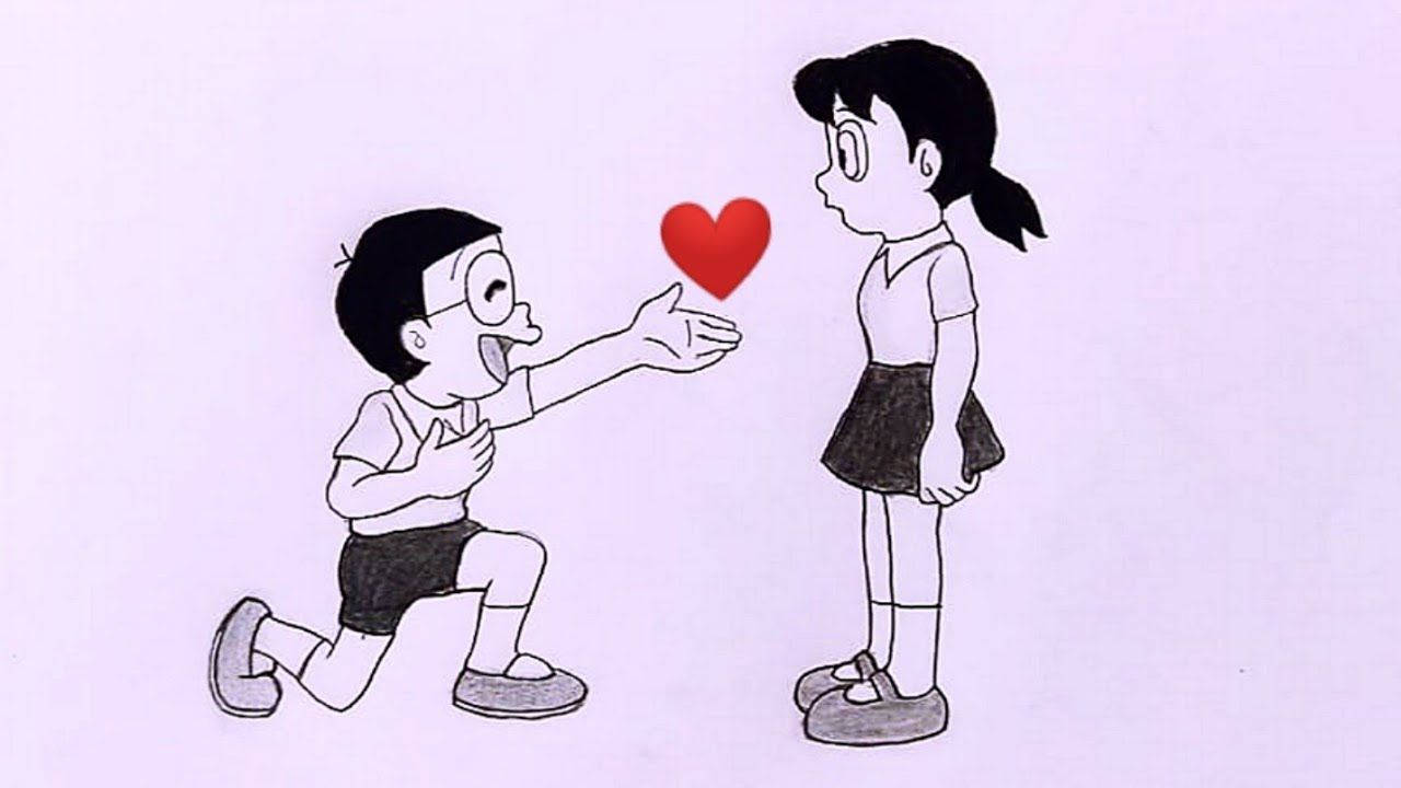 Nobita Shizuka HD Heart Sketch Wallpaper
