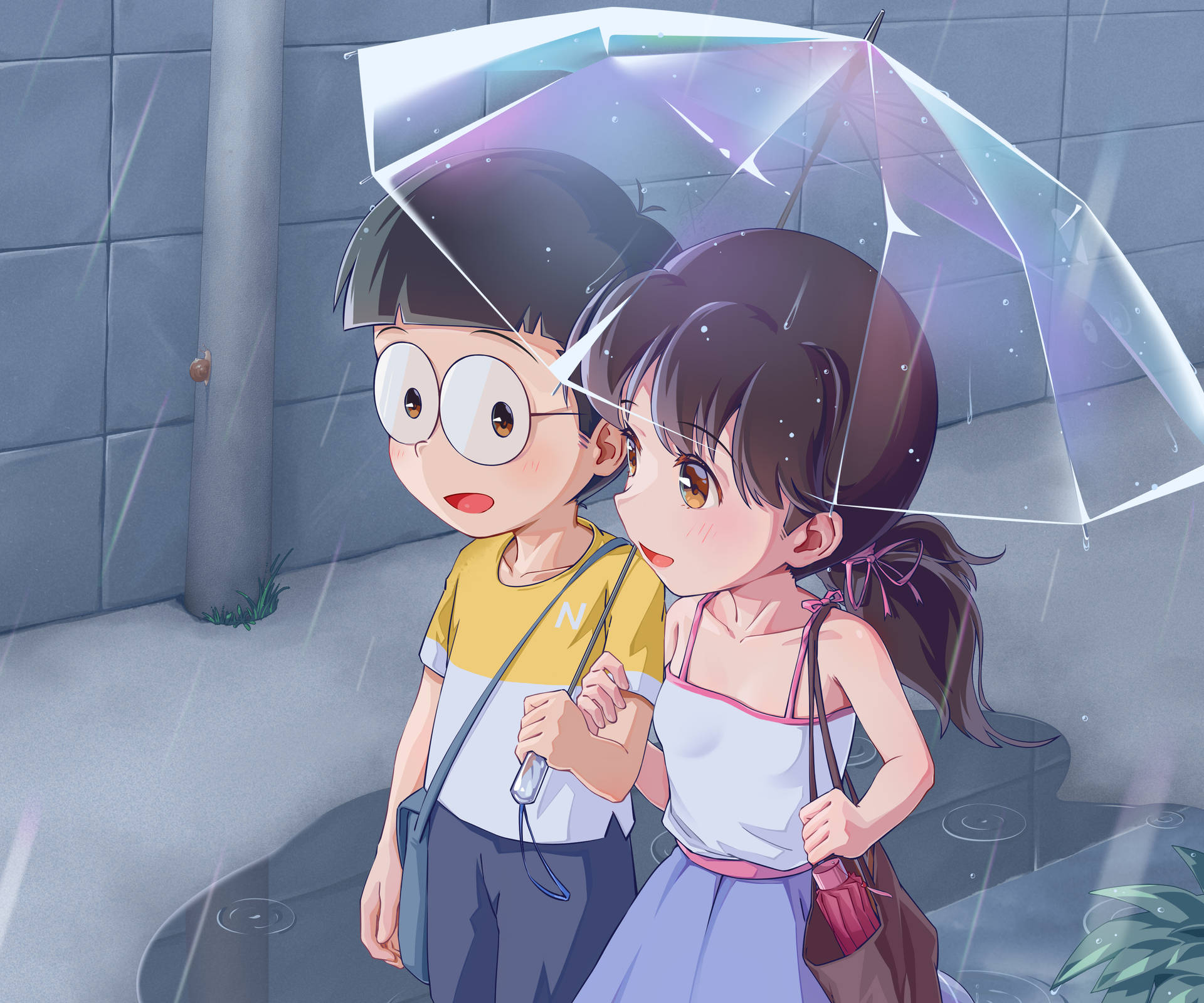 Nobita Shizuka Hd Rain Umbrella Background