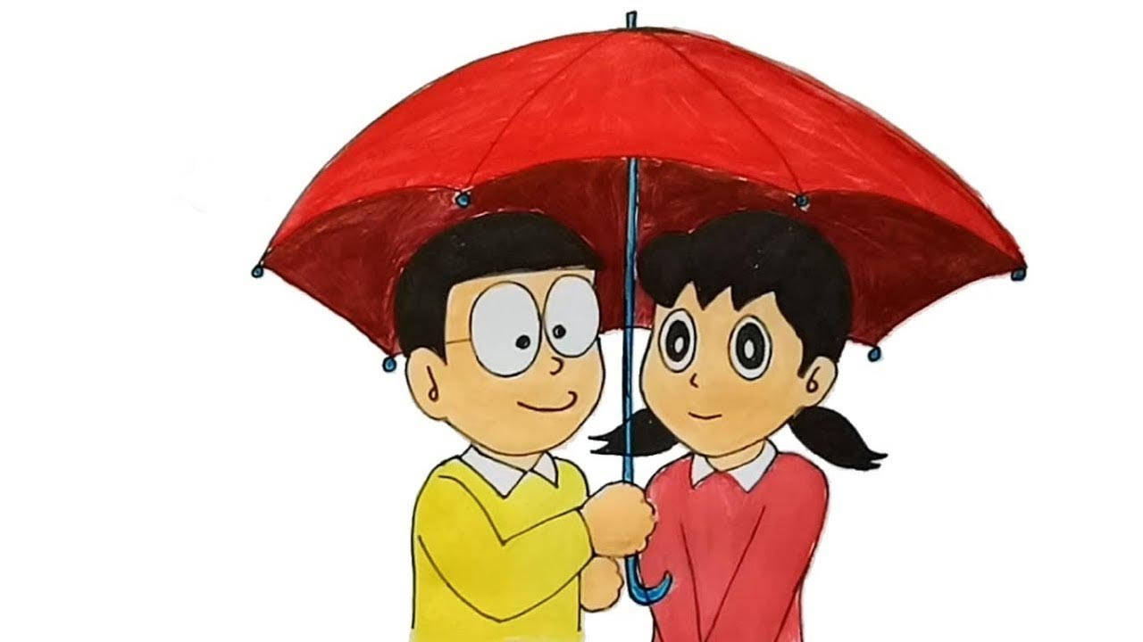Nobita Shizuka Hd Red Umbrella Background