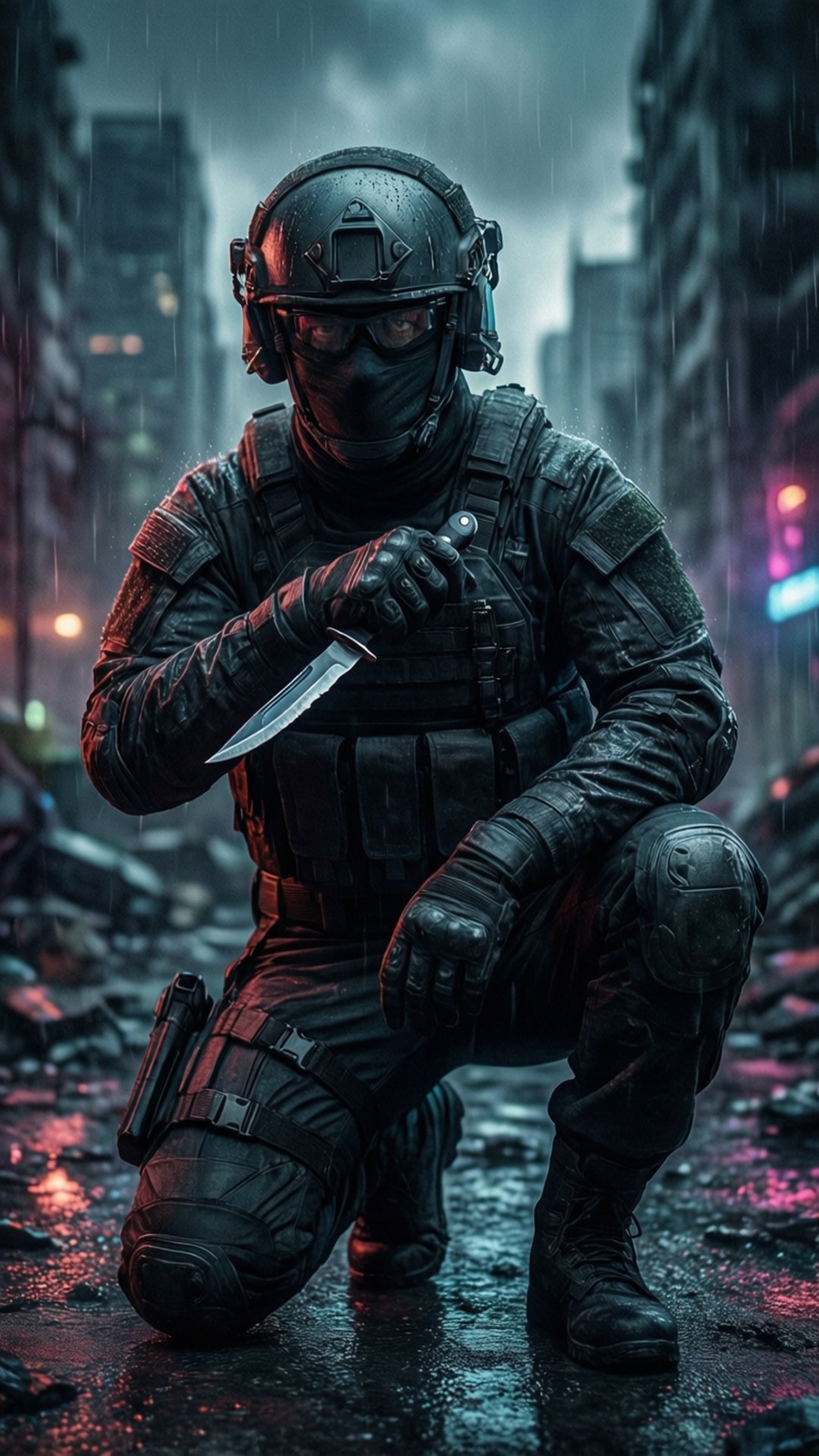 Fond d'écran sombre d'un commando Nod dans un environnement urbain pluvieux.