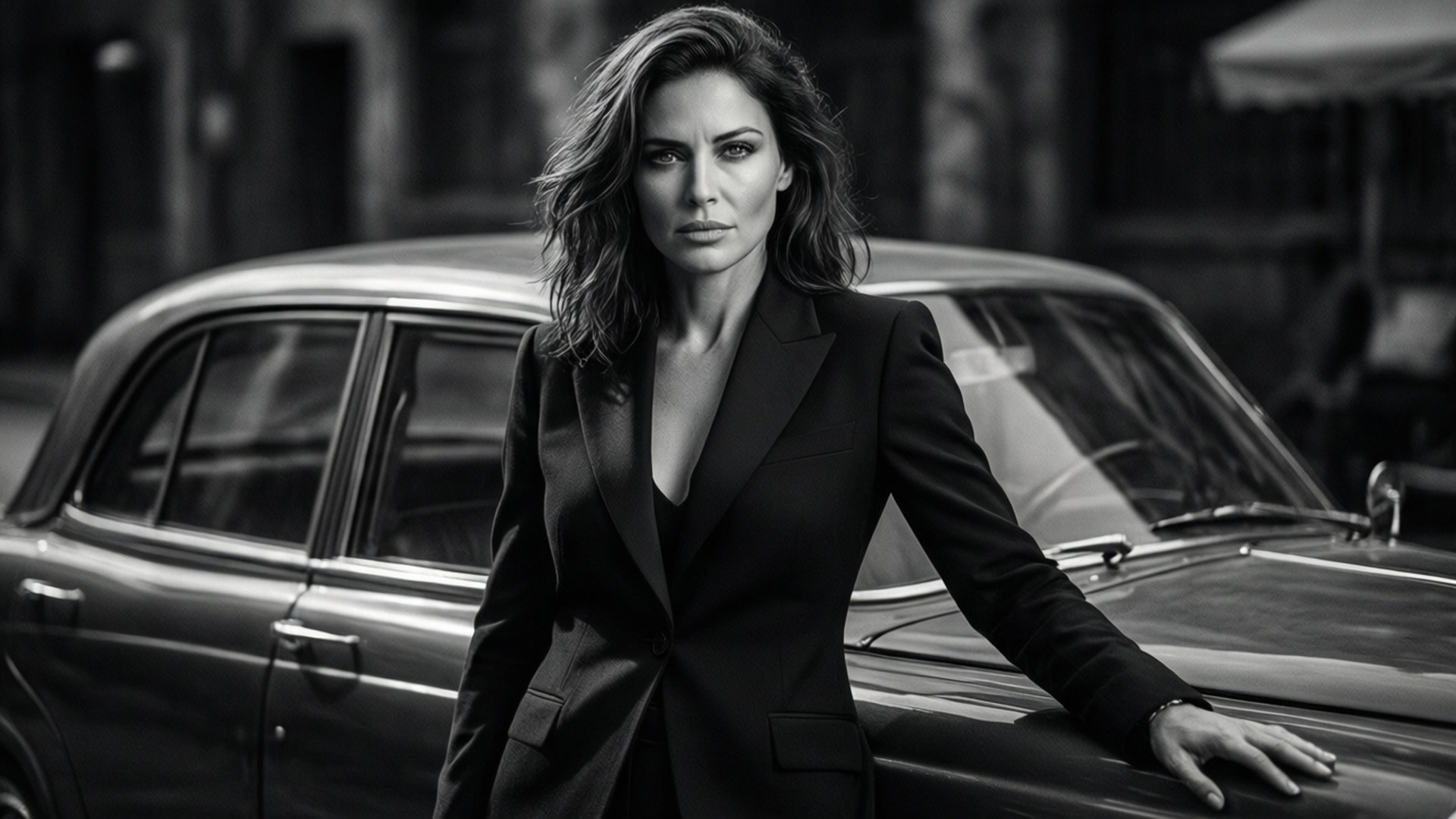 Paz Vega i sort og hvid, vintage bil, film noir stil.