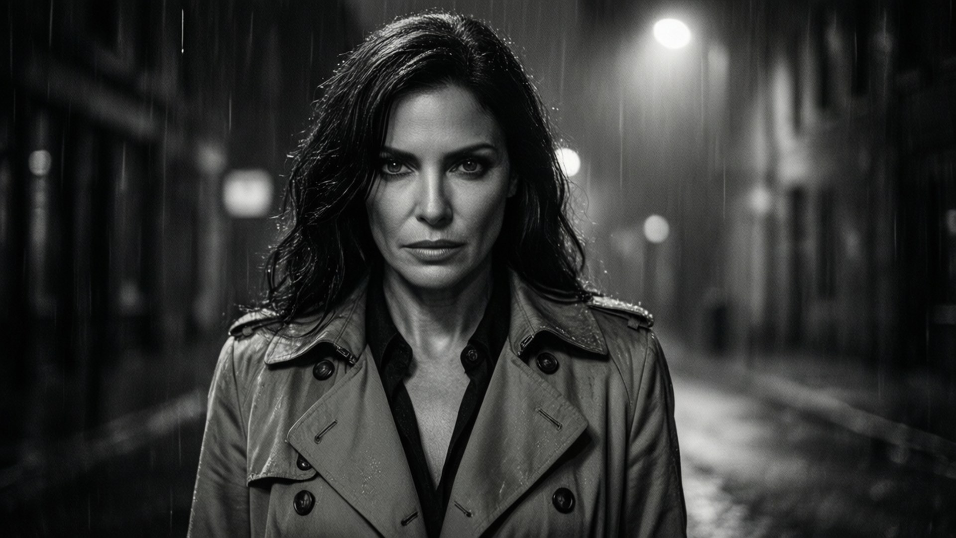 Paz Vega i film noir-stil, trenchcoat og regn under gadelampe.