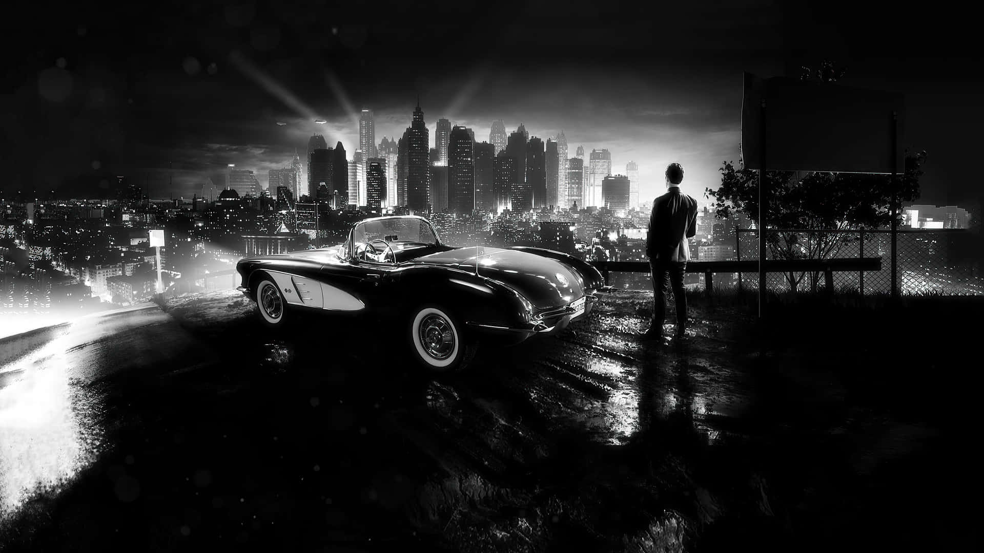 Noir Cityscapewith Classic Carand Man Wallpaper