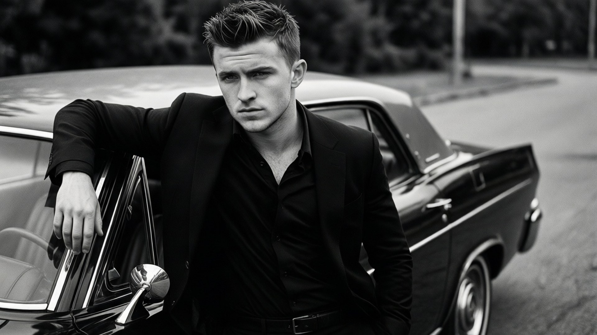 Tom Holland i en svart dress med en klassisk bil, film noir-stil