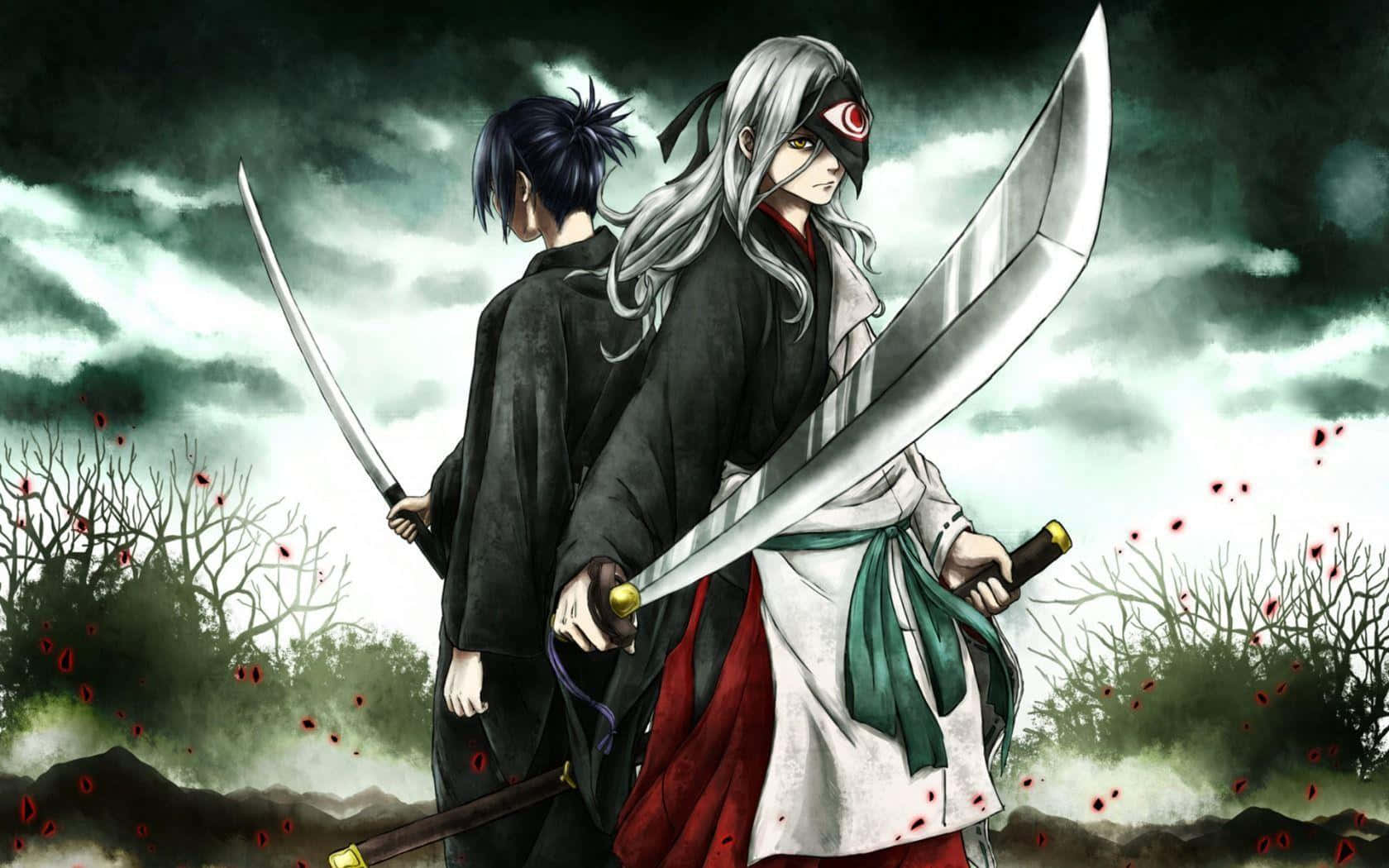 two samurai with swords standing in the field