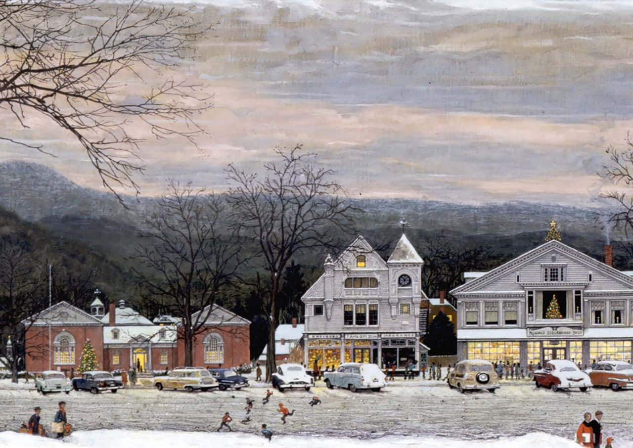 A Painting Of A Snowy Town With People And Children