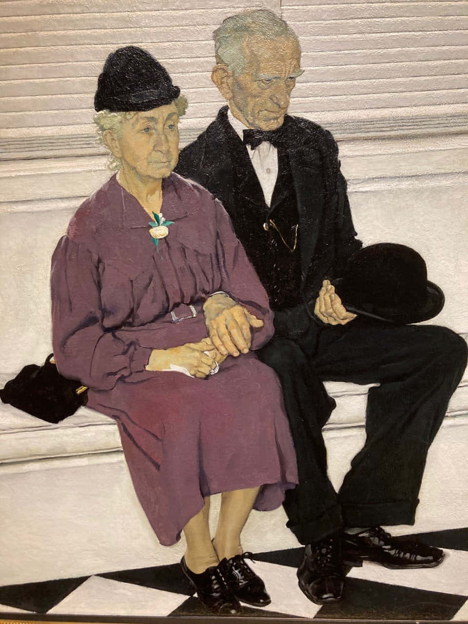 A Painting Of An Older Couple Sitting On Steps