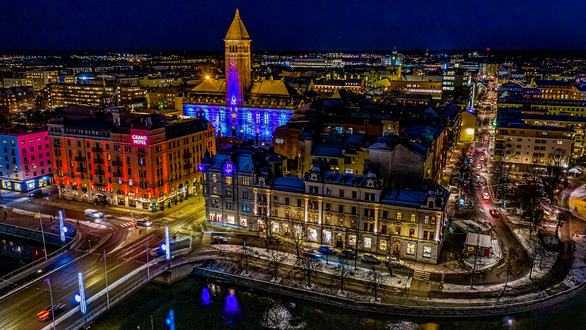 Norrkoping Nighttime Cityscape Aerial View Wallpaper
