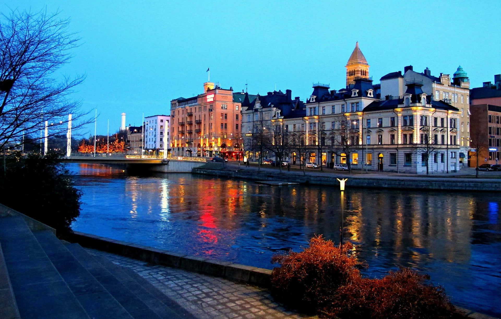 Norrkoping Sweden Riverfront Evening Lights Wallpaper