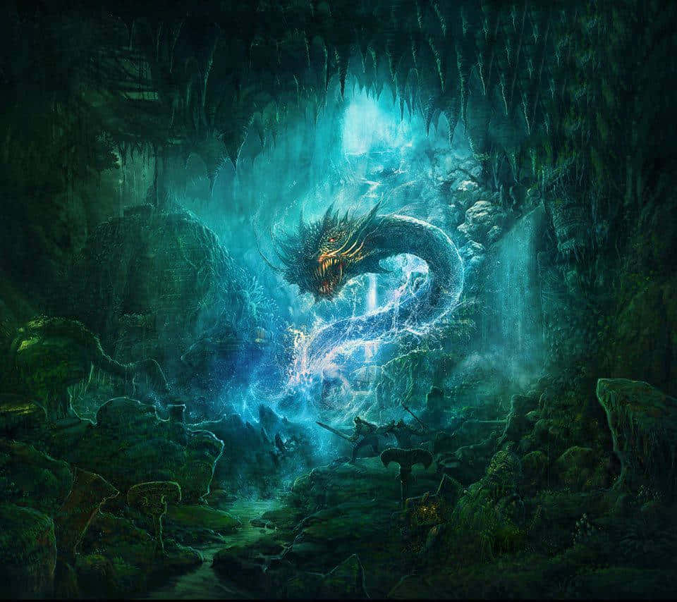 A Dragon Is In A Cave With A Light Shining On It Wallpaper