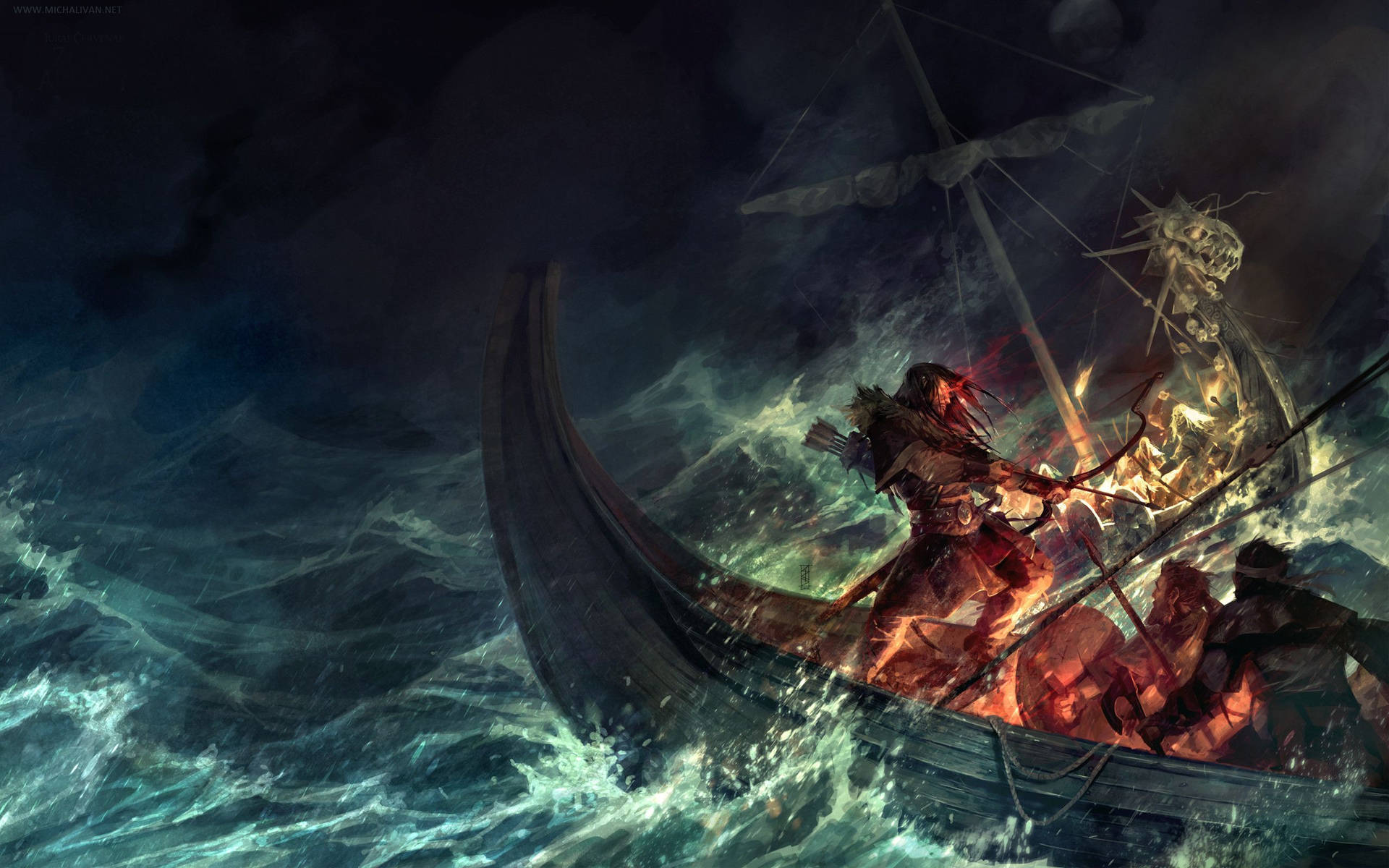 A Viking ship sails through a turbulent sea Wallpaper
