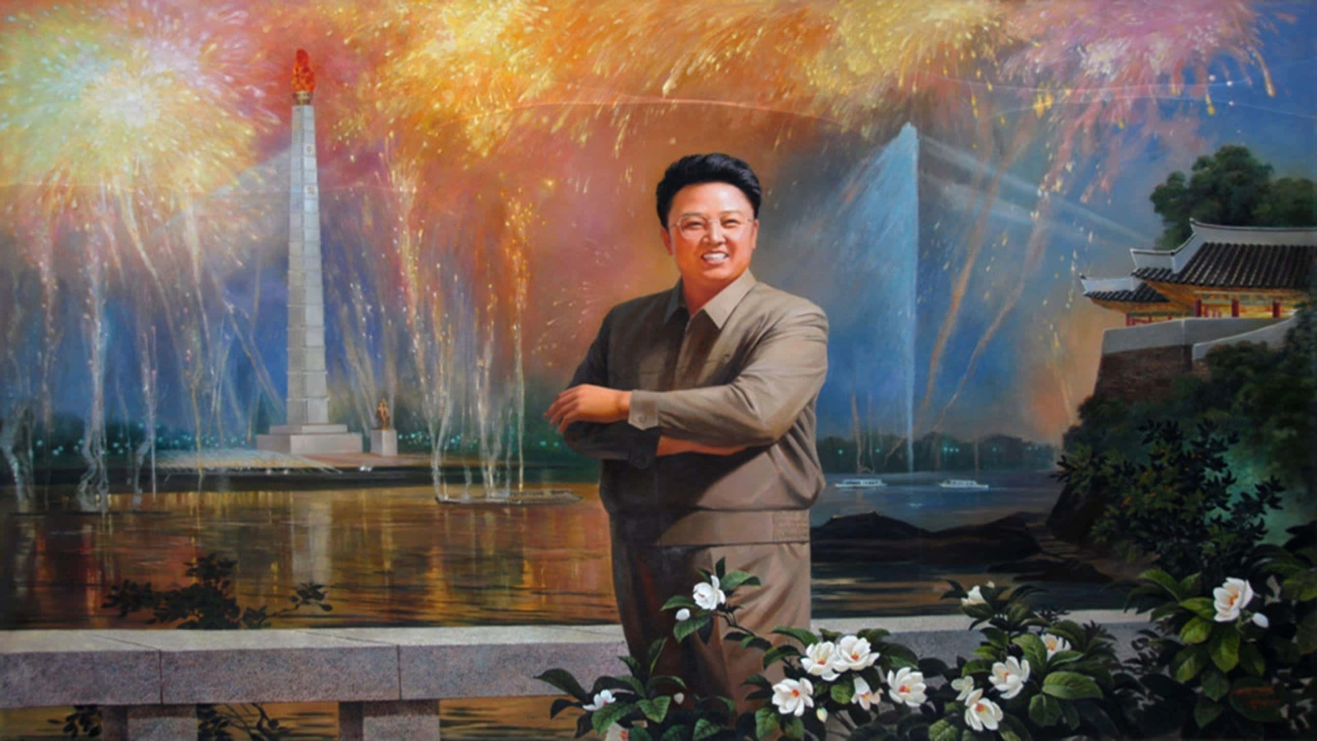 Bandieradella Corea Del Nord Contro Il Cielo Mattutino All'alba