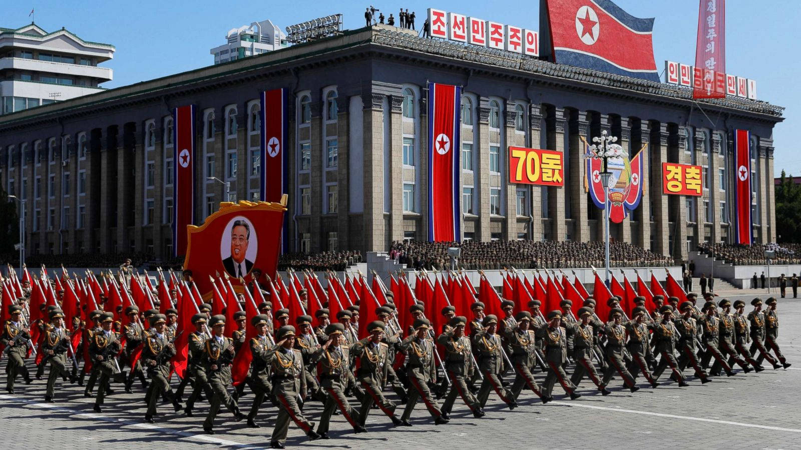 North Korea Soldiers Marching With Flags