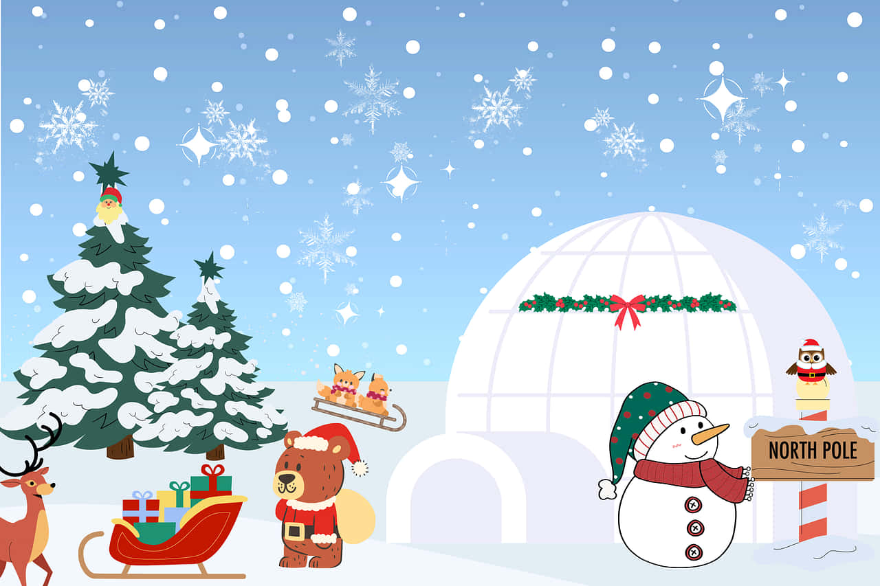 A Christmas Scene With A Snowman, Reindeer, And Sleigh