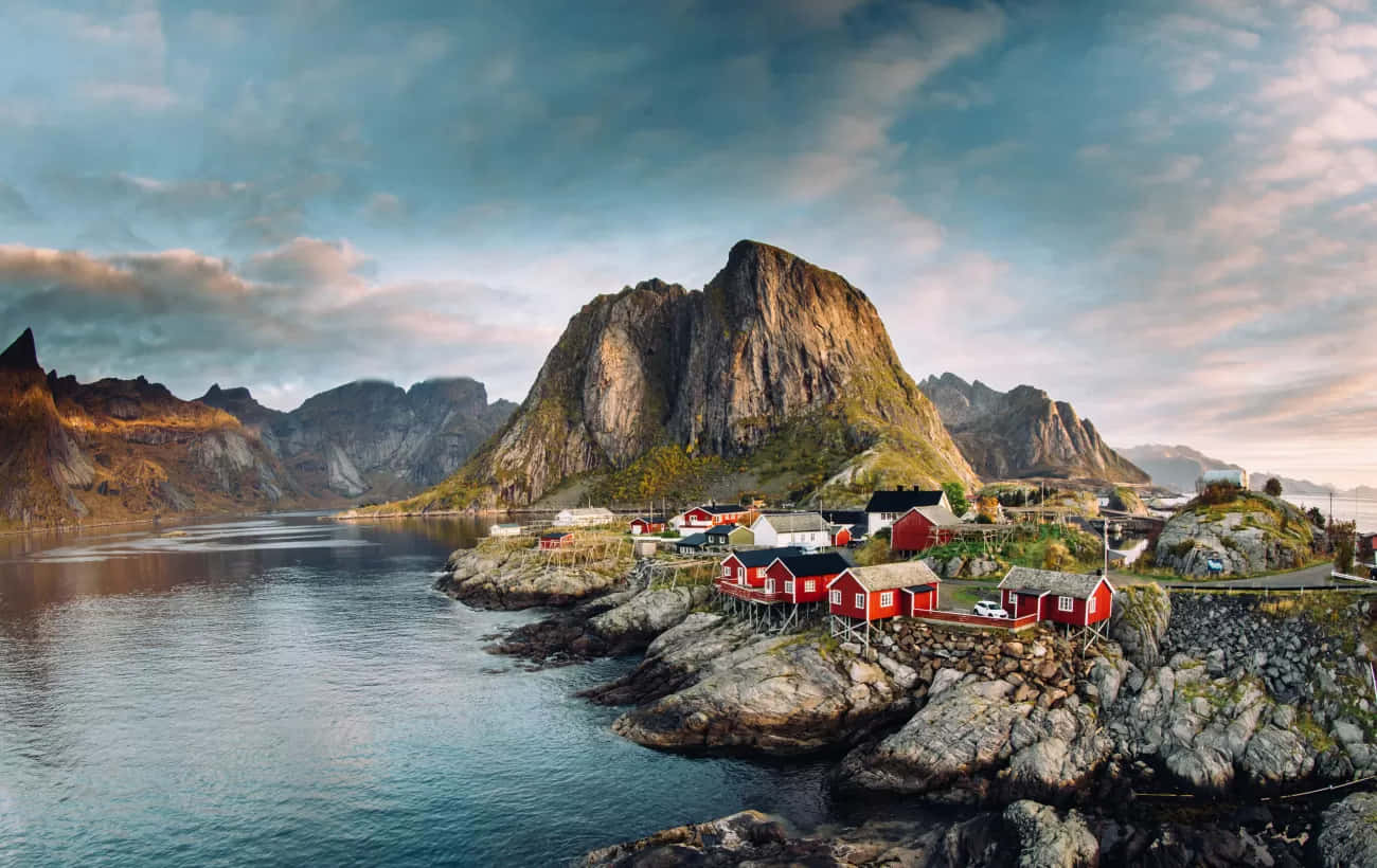 Norwegian Coastal Villageat Dusk Wallpaper