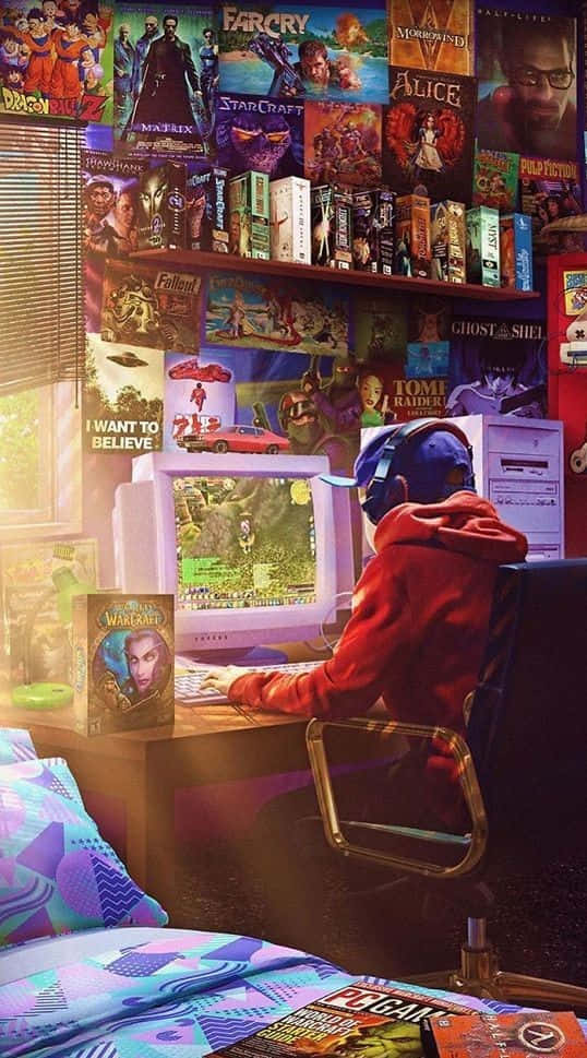 Einmann Sitzt In Seinem Schlafzimmer Und Spielt Videospiele.