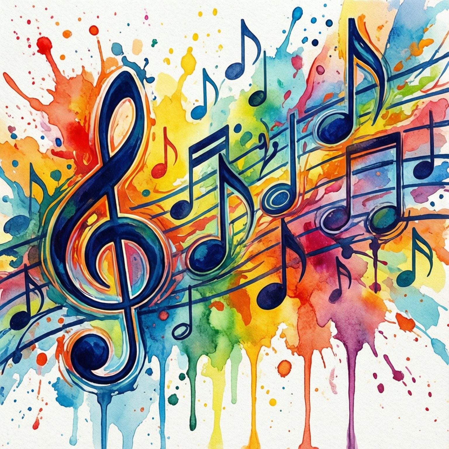 Note musicali astratte ad acquerello con schizzi colorati.